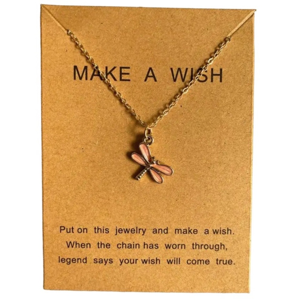 Pink Dragonfly necklace & card Make a Wish Jewelry on gold chain